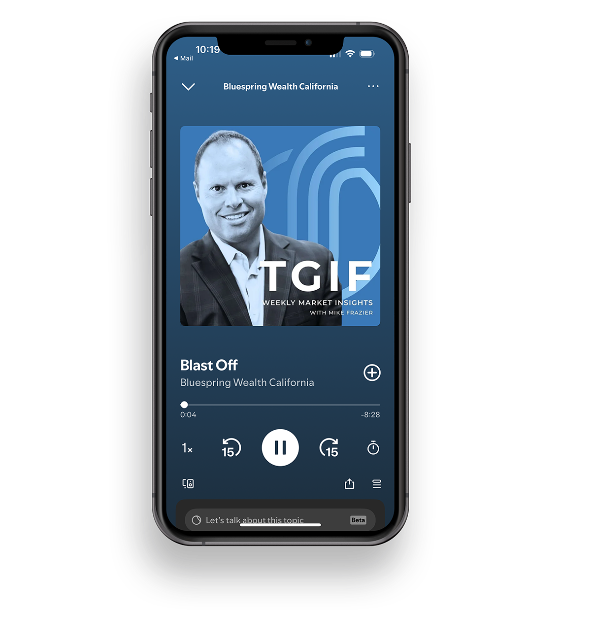 Bluespring Wealth California Podcast - mobile phone mockup